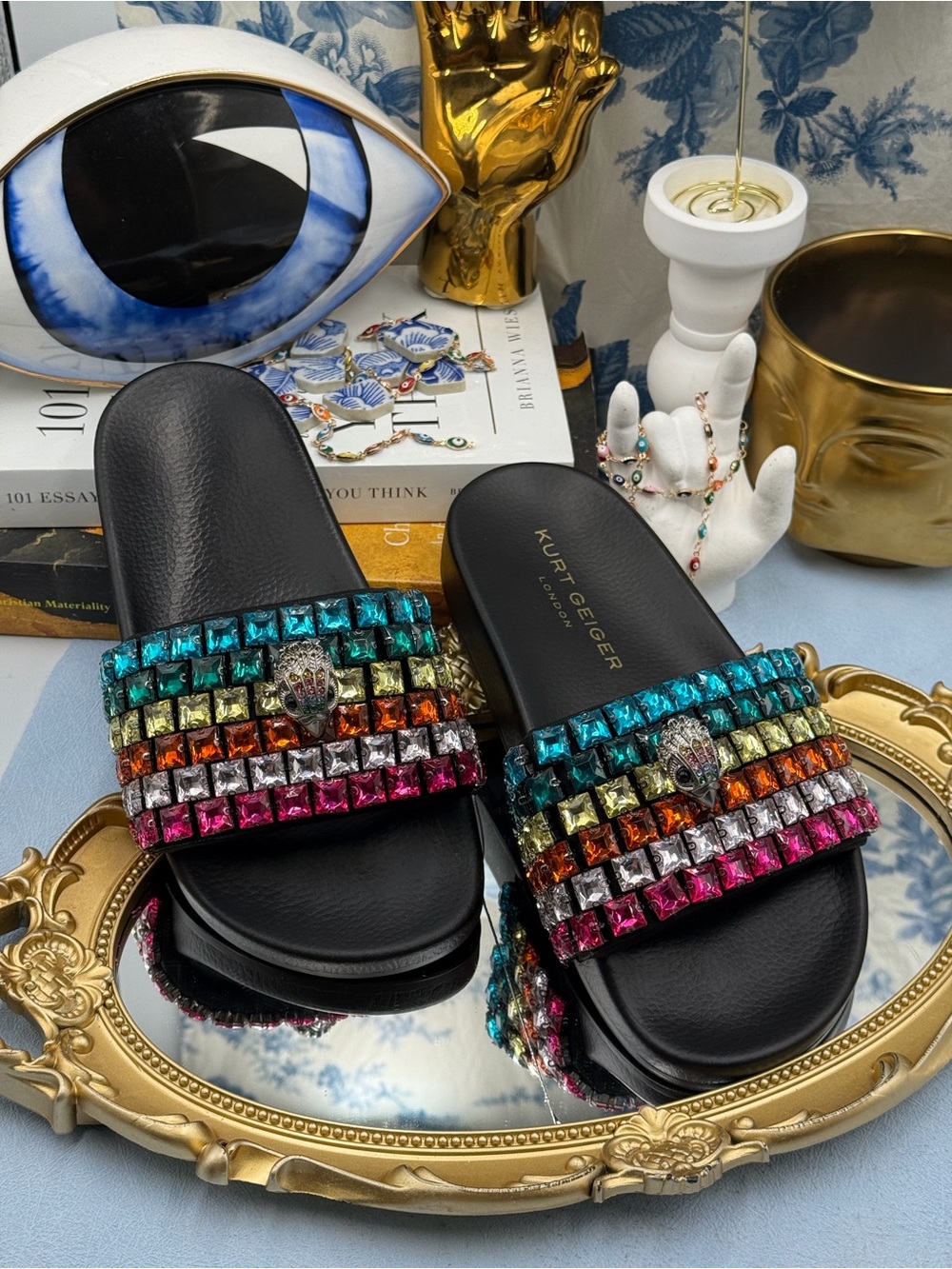 🧿🧿 KURT GEIGER LONDON Meena Eagle Jewel Crystal Studded Slide, Black Rainbow - Picture 5 of 14
